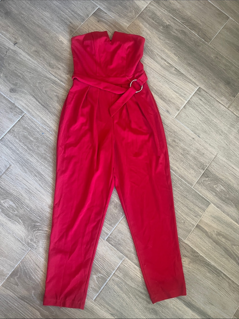 Strapless Red Belted Jumpsuit with Ring Accent